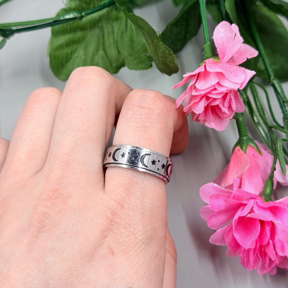 Silver Moon & Star Fidget Spinning Stainless Steel Band Ring Size 11